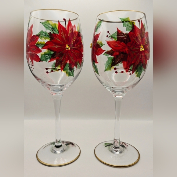 Hand Painted Poinsettia Wine Glasses with Gold Trim – Christmas Set of 2 - Picture 5 of 8
